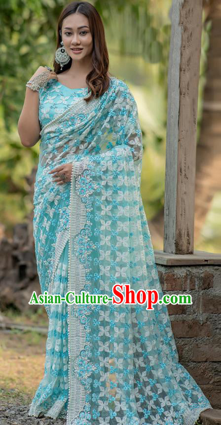 Asian India Court Lehenga Costumes Asia Indian Traditional Festival Embroidered Light Blue Blouse and Skirt and Sari Full Set