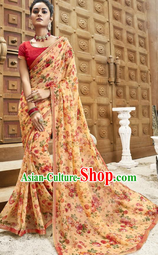 Asian India National Printing Apricot Georgette Saree Asia Indian Festival Dance Costumes Traditional Female Blouse and Sari Dress Full Set