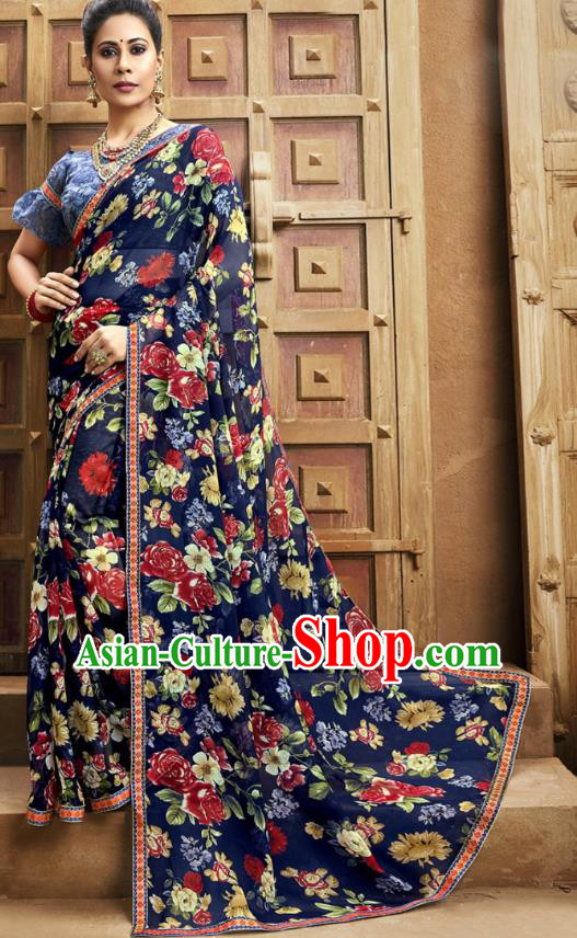 Asian India National Printing Navy Georgette Saree Asia Indian Festival Dance Costumes Traditional Female Blouse and Sari Dress Full Set