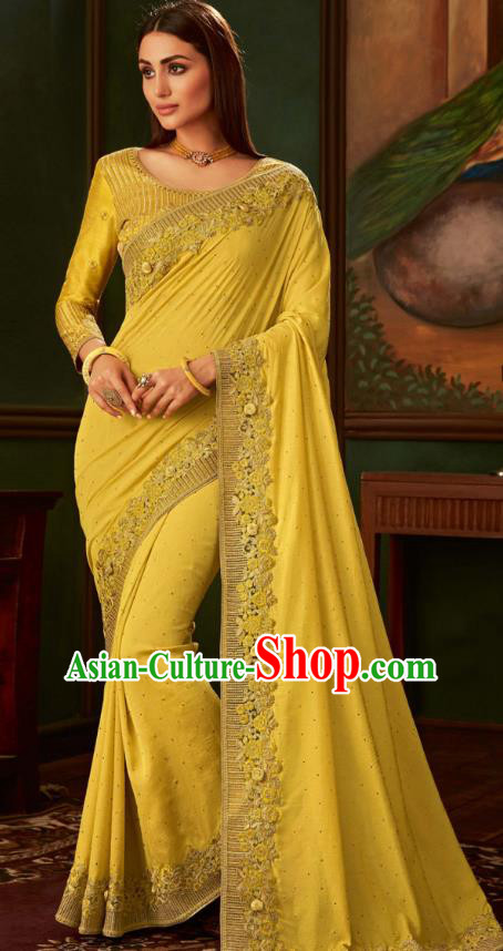 Asian India Bollywood Embroidered Yellow Crepe Saree Asia Indian National Festival Dance Costumes Traditional Court Woman Blouse and Sari Dress Full Set